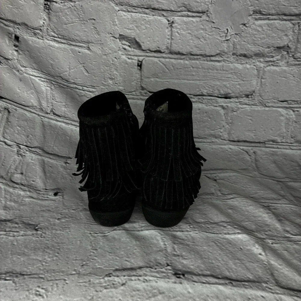 Little Girl Black Faux Suede Hippie Indie Boho Fringe Moccasin Zip Up Boots Sz 5
